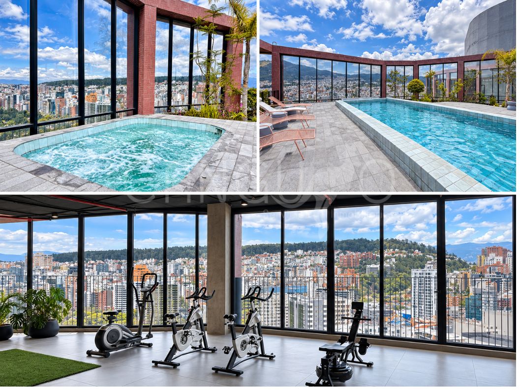 área húmeda con vista panorámica del edificio frente al Parque La Carolina