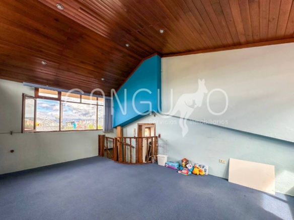 Altillo grande alfombrado con techos de madera, espacio perfecto para oficina o sala de estar