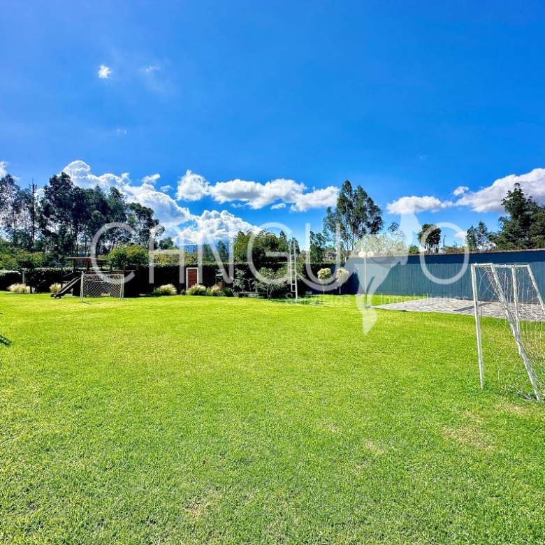 Áreas verdes y cancha de fútbol en conjunto residencial con casa de arriendo en Puembo