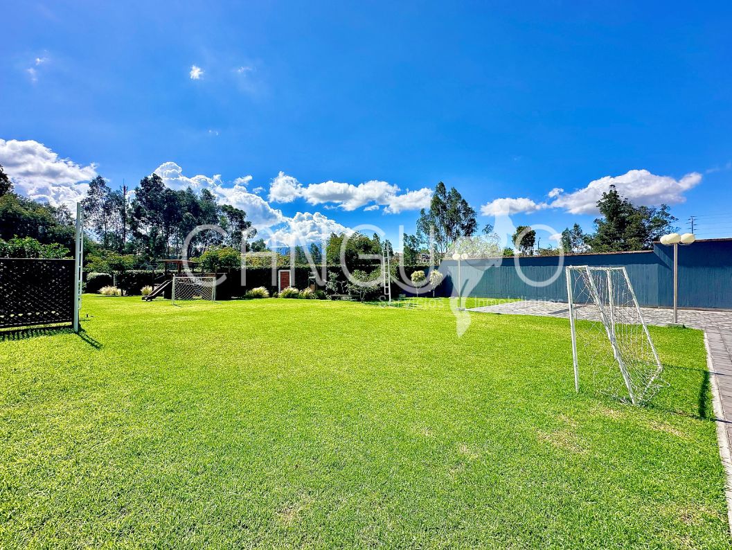 Áreas verdes y cancha de fútbol en conjunto residencial con casa de arriendo en Puembo