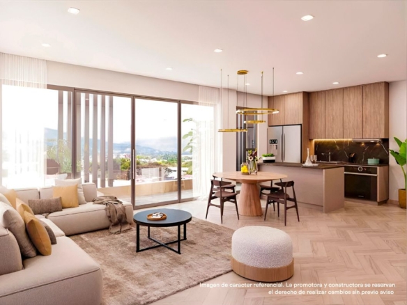 Interior con sala y comedor de diseño contemporáneo.