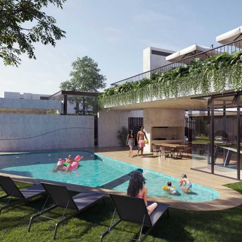 Áreas comunales con piscina y gimnasio en casas de venta en Lumbisí