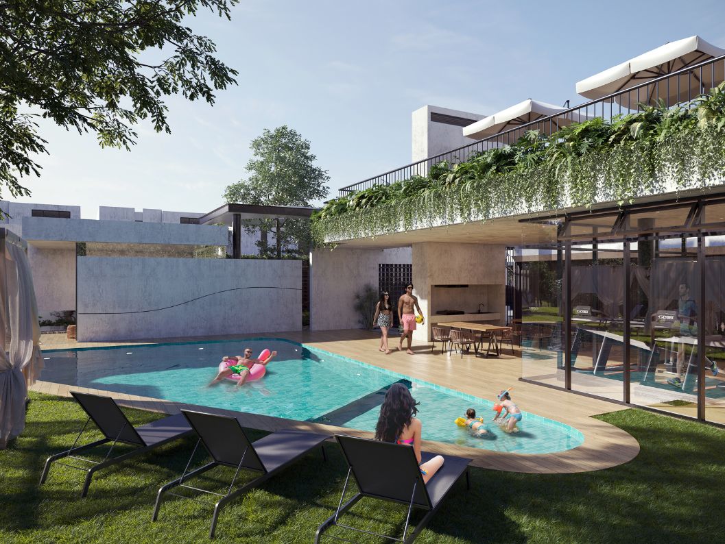 Áreas comunales con piscina y gimnasio en casas de venta en Lumbisí