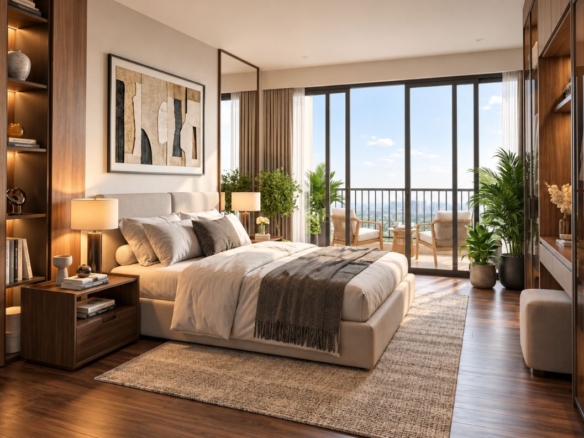 Dormitorio de suite en Cumbayá con salida al balcón.