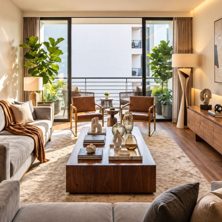 Render de sala con acceso al balcón de suite en Cumbayá.