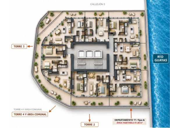 Planta de Torre 1 con ubicación del departamento