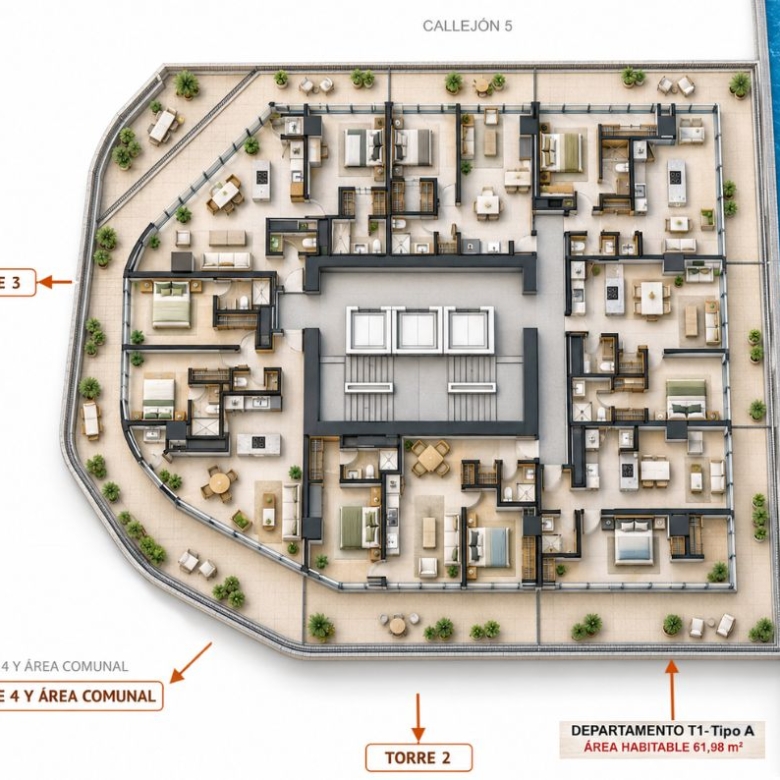 Planta de Torre 1 con ubicación del departamento